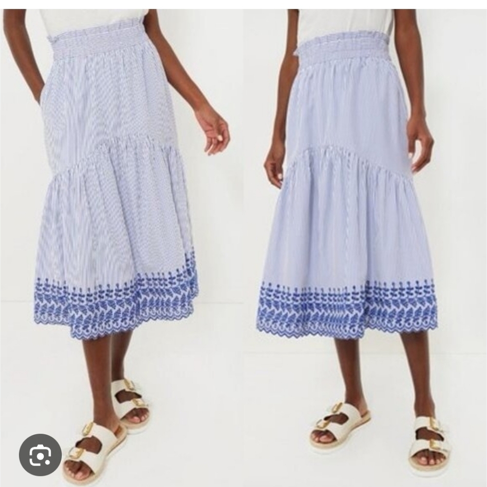 Tuckernuck Blue and White Eyelet Striped Skirt with Embroidery Bottom Medium